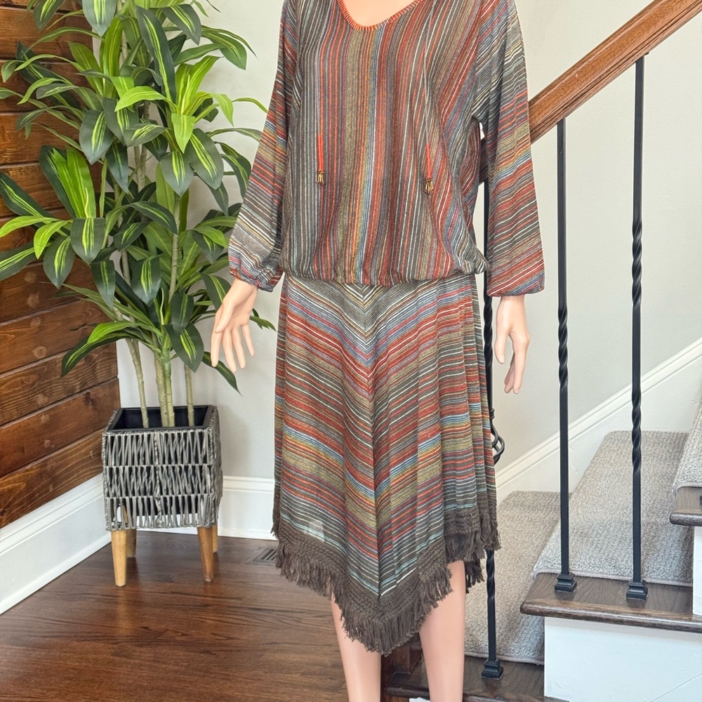 Beautiful Striped Multicolor 2 piece blouse and skirt with Fringe Hem.